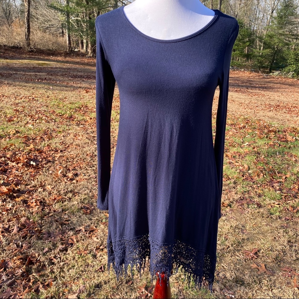 MON AMI TOP TUNIC MICRO MINI BLUE LACE LONG SLEEVE Size SMALL USA